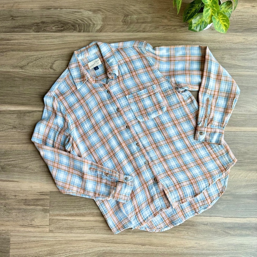 Universal Thread Blue/Tan Plaid Gauzy Cotton Button-Up Shirt Chest Pocket SizeXS